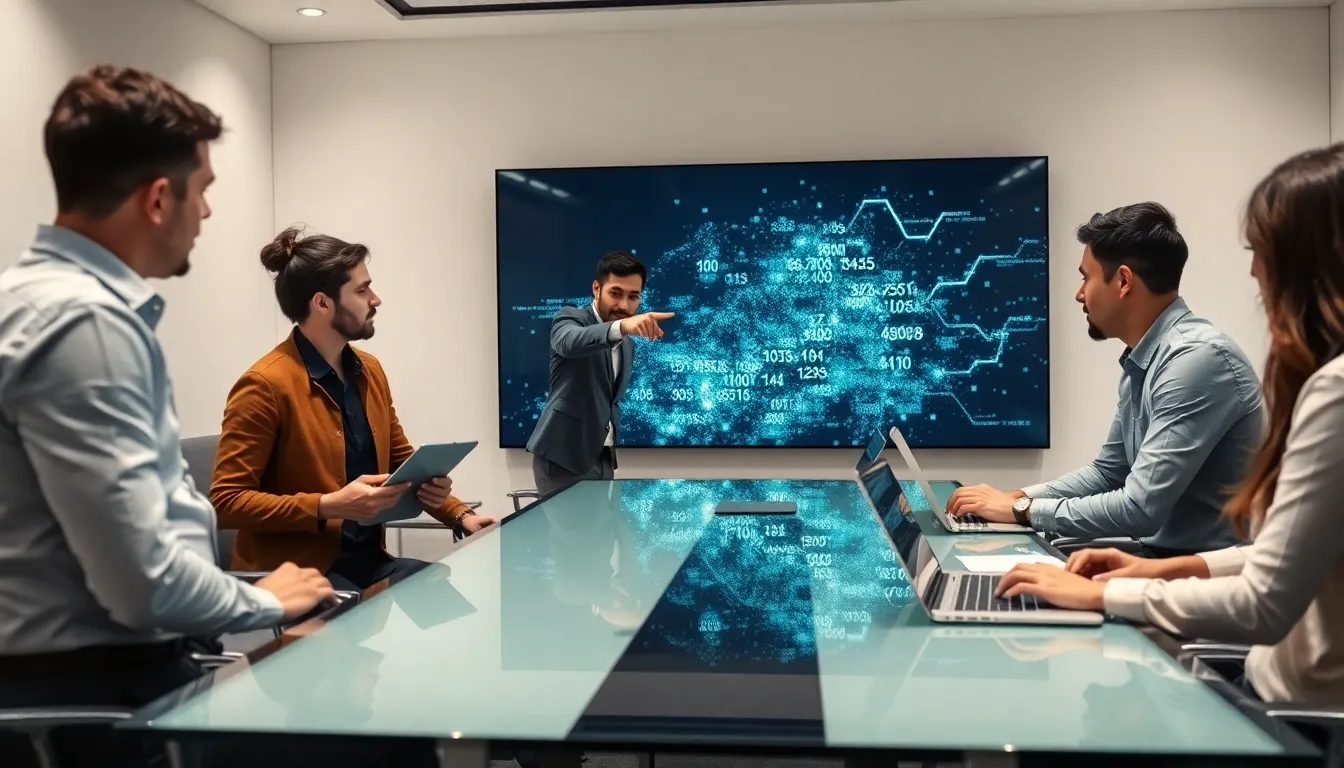 professionals discussing numerical data in a modern office.